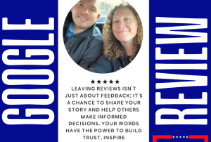 A man and woman smile at the camera above text encouraging customers to leave Google reviews for Pro Roofing, highlighting the impact of sharing their experiences.