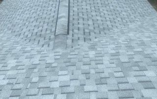 A close-up view of a gray shingled roof with a ridge vent, surrounded by trees in the background.