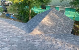 Sunlight shines on gray asphalt shingle rooftops with trees and a green building visible in the background.