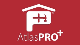White AtlasPRO+ logo on a red background, featuring a stylized letter P shaped like a house with a hammer inside.