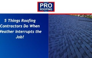 Roofers inspecting a blue asphalt shingle roof with a steep pitch after storm damage.