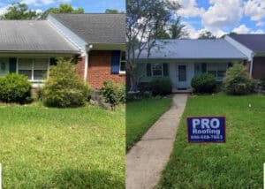 Before and after roof replacement at a Monticello Florida home showing improved roof pitch and clean shingles.