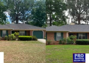 Comparison of roof before and after repair showing new shingles and improved pitch.