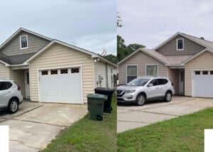 Side-by-side comparison of a house before and after roof replacement in Tallahassee, FL.