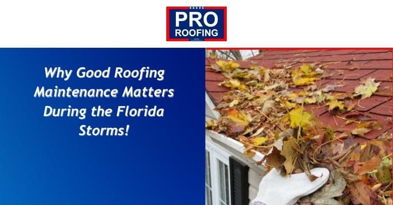 Pro Roofing flyer with fallen leaves on a red shingle roof in Florida.